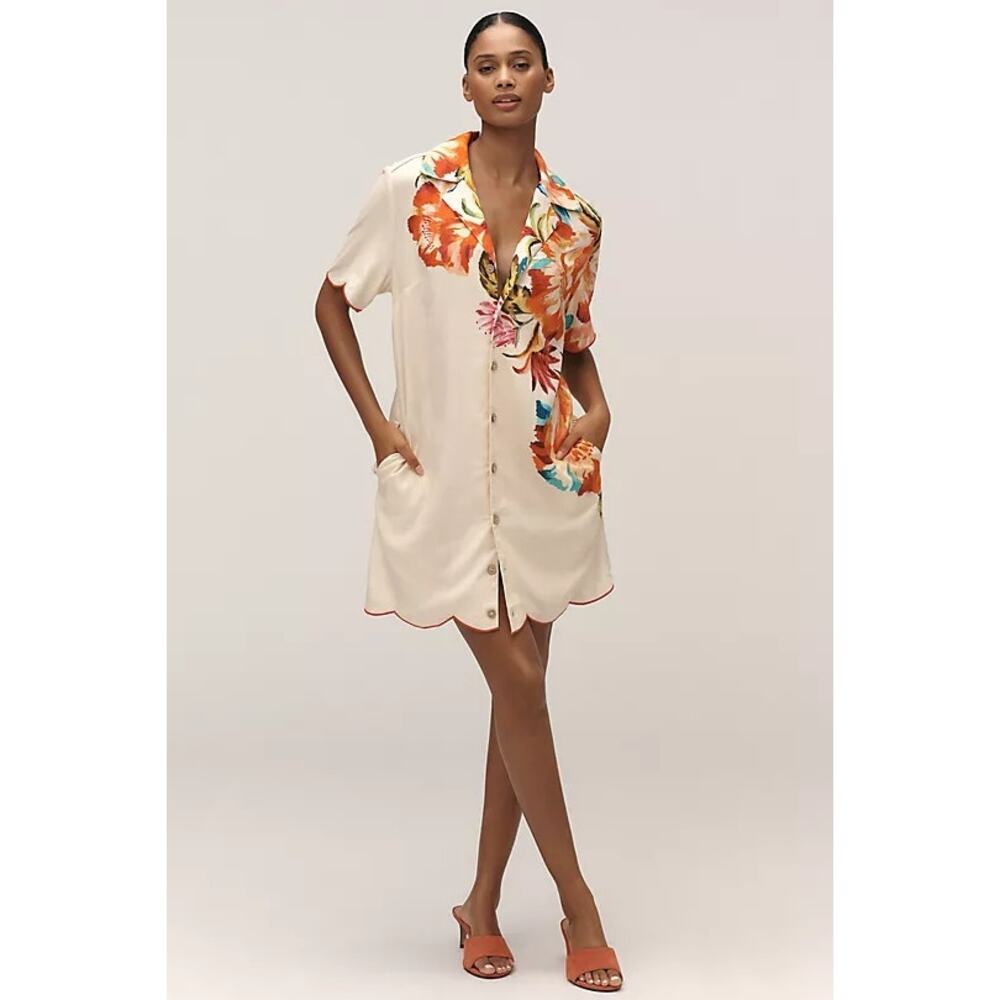 Farm Rio x Anthropologie Scalloped Shirt Dress Short Sleeve Multicolor XS NWT